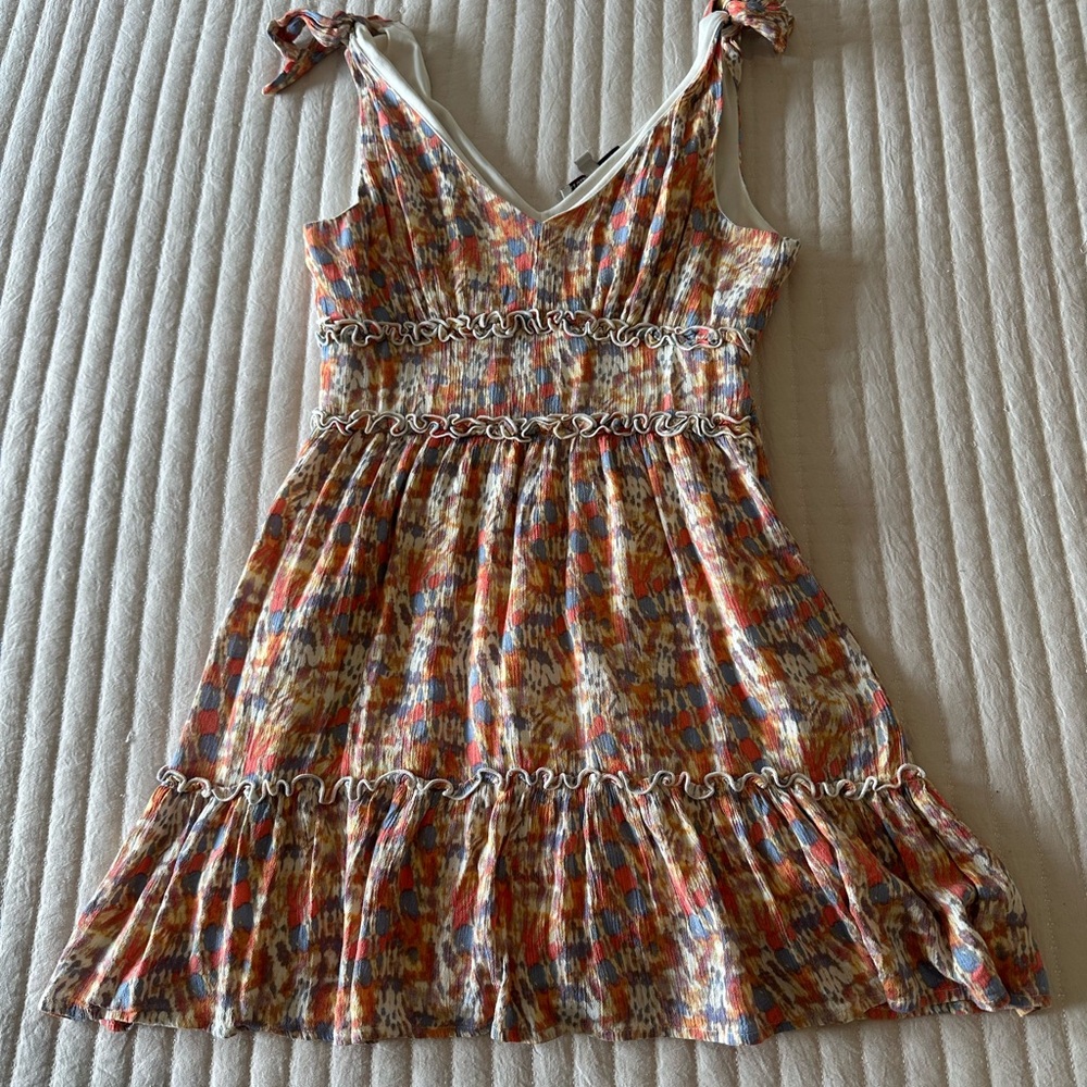 Multicolor Patterned Dress with Ruffle Accents - Picture 2 of 5
